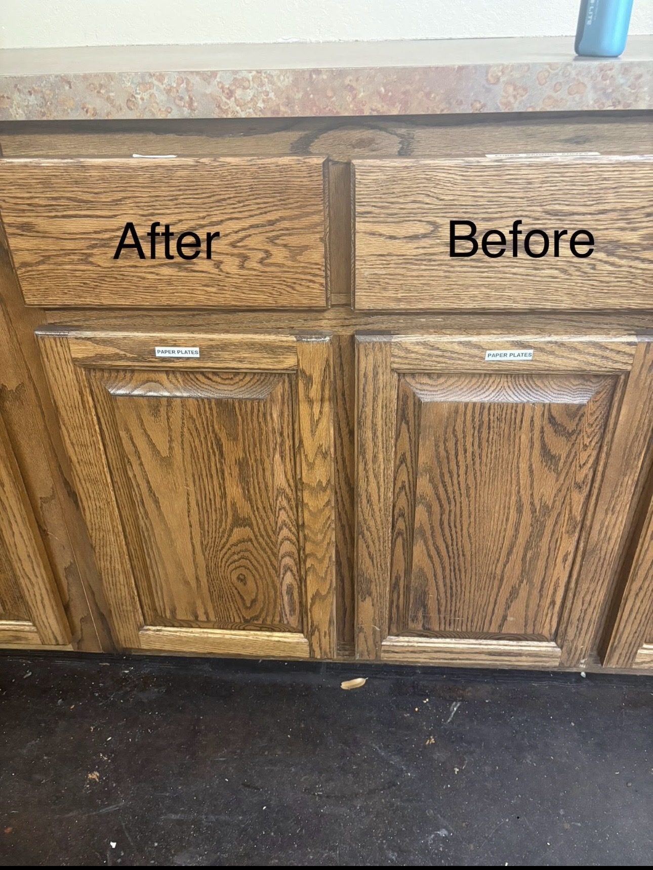 Kitchen cabinet before and after cleaning, side by side