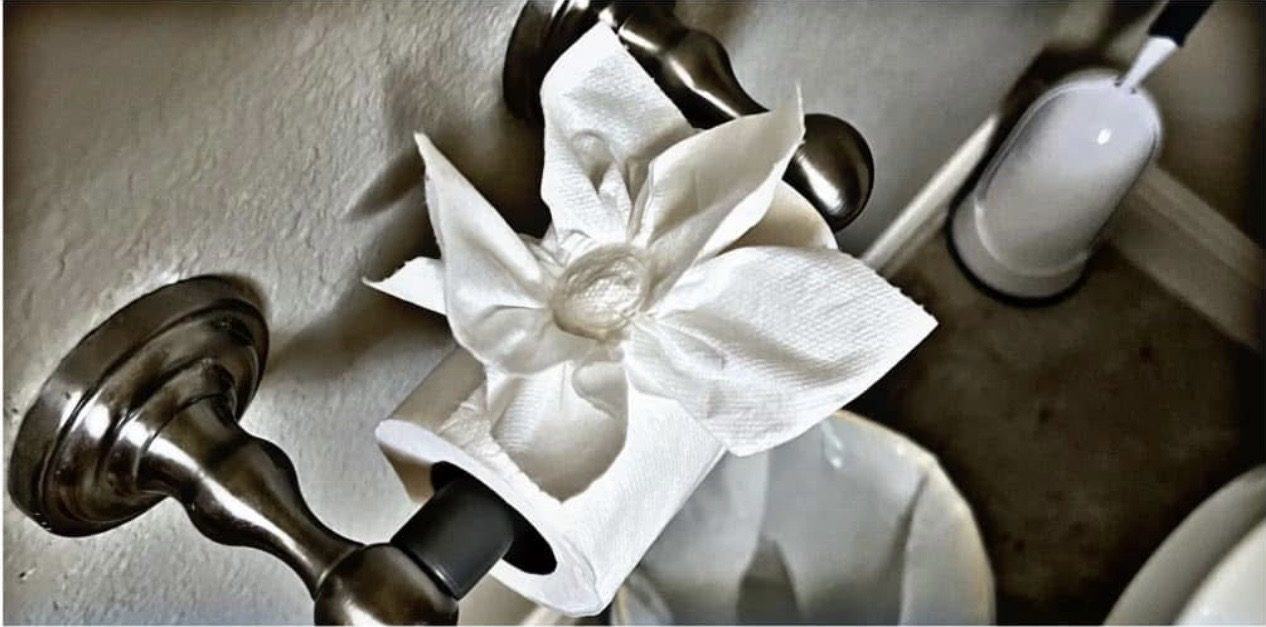 Toilet paper folded into a flower